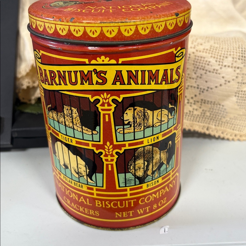 Circus Themed Decor. Barnum’s Animal Cracker Tin and Hand painted Tiger pull toy - Picture 2 of 3